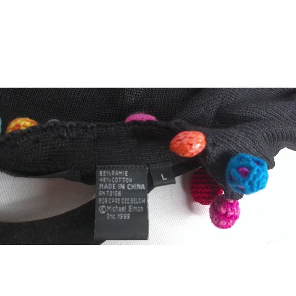Vintage Michael Simon Black Colorful Pom Pom Cardigan Sweater Size Large - Picture 3 of 8